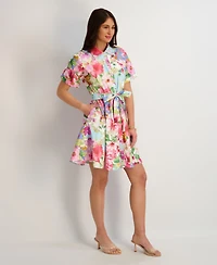 kensie Women's Printed Short-Sleeve Shirtdress