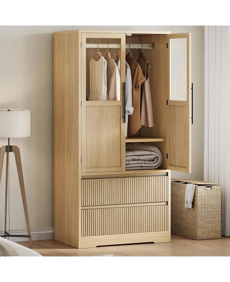 gaomon Wooden Armoire Wardrobe Closet, Freestanding Storage Cabinet with Glass Doors, Drawers, Shelves and Hanging Rod