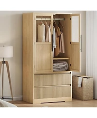 gaomon Wooden Armoire Wardrobe Closet, Freestanding Storage Cabinet with Glass Doors, Drawers, Shelves and Hanging Rod