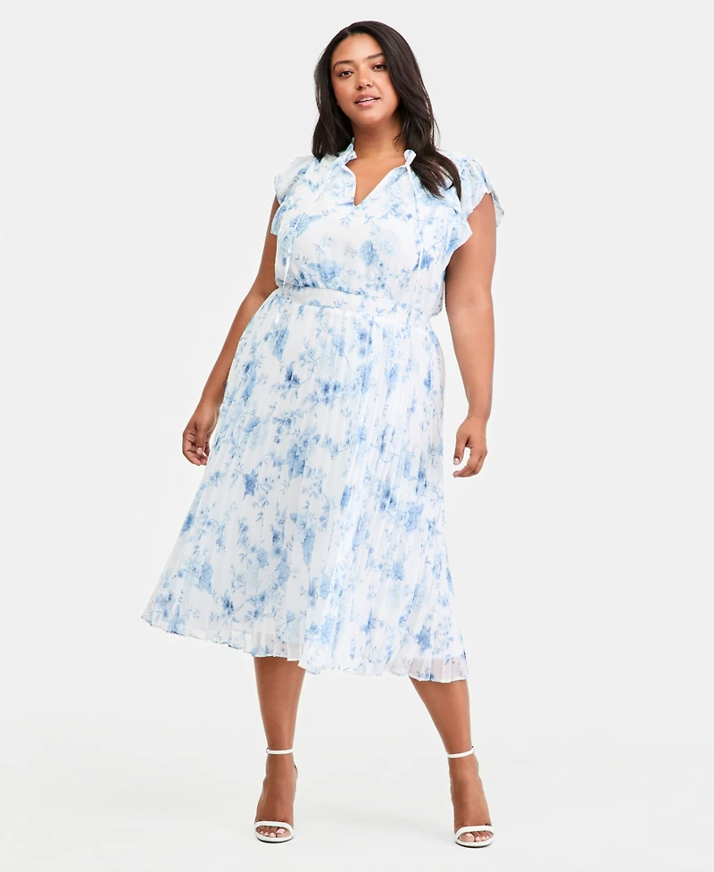 Anne Klein Plus Tie-Neck Flutter-Sleeve Midi Dress