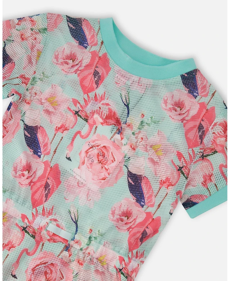 Deux par Girl Mesh Beach Dress Blue Flamingo Print - Toddler|Child
