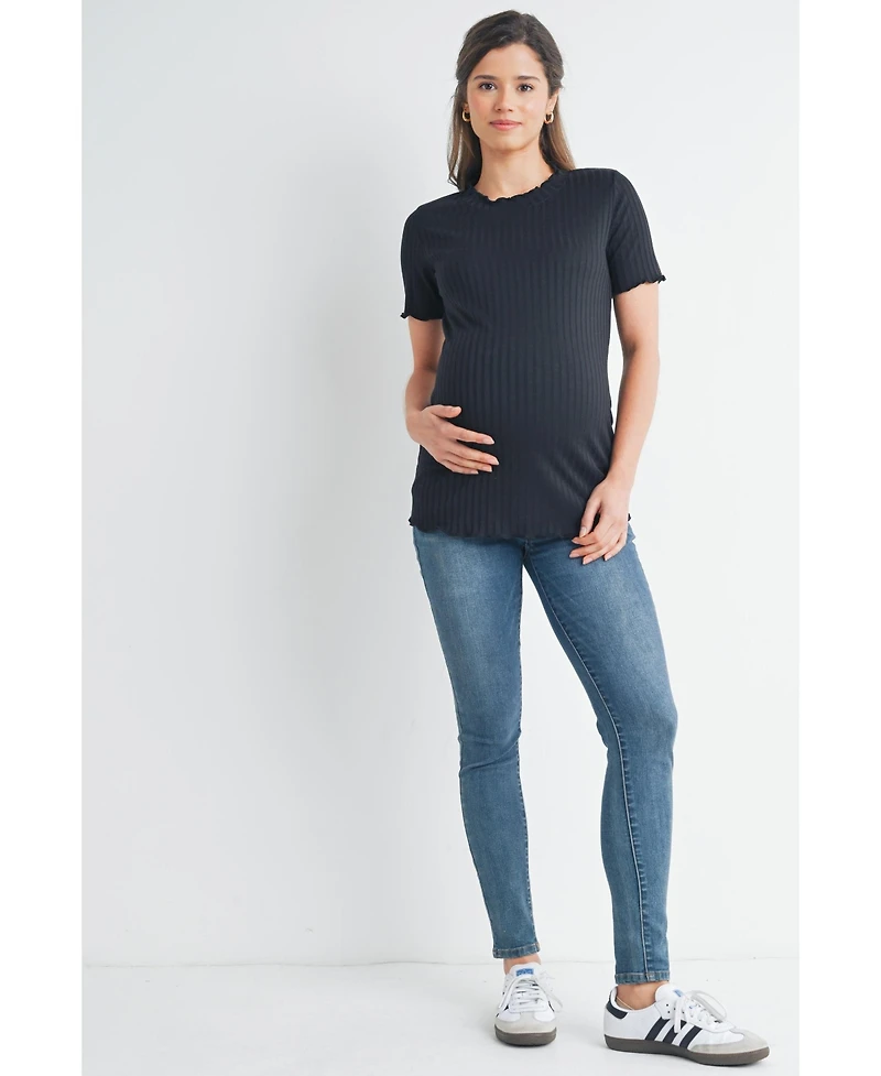 Hello Miz Women's Maternity Ribbed Crew Neck Short Sleeve Top with Lettuce Hem