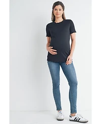 Hello Miz Women's Maternity Ribbed Crew Neck Short Sleeve Top with Lettuce Hem