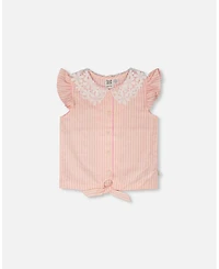 Deux par Toddler Girls Sleeveless Shirt Pink and Yellow Stripes with Crochet Collar - Toddler|Child
