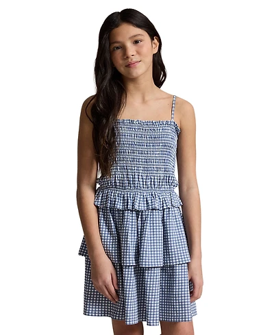 Polo Ralph Lauren Girls' 7-16 Plaid Smocked Straight Neck Jersey Dress