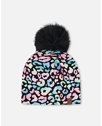 Deux par Deux Baby Girls Stretch Jersey Hat Black Animal Print with Pompom