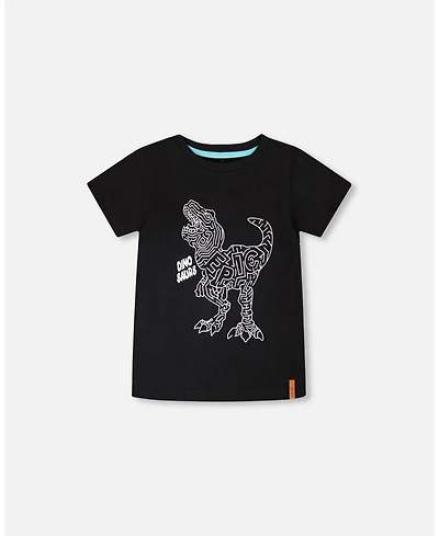 Deux par Deux Big Boys ganic Cotton Jersey T-Shirt with Dino Print Black