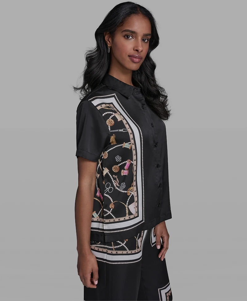 Karl Lagerfeld Paris Women's Collared Short-Sleeve Printed Top
