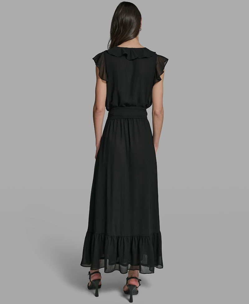 Karl Lagerfeld Paris Women's V-Neck Ruffle Trim Dress