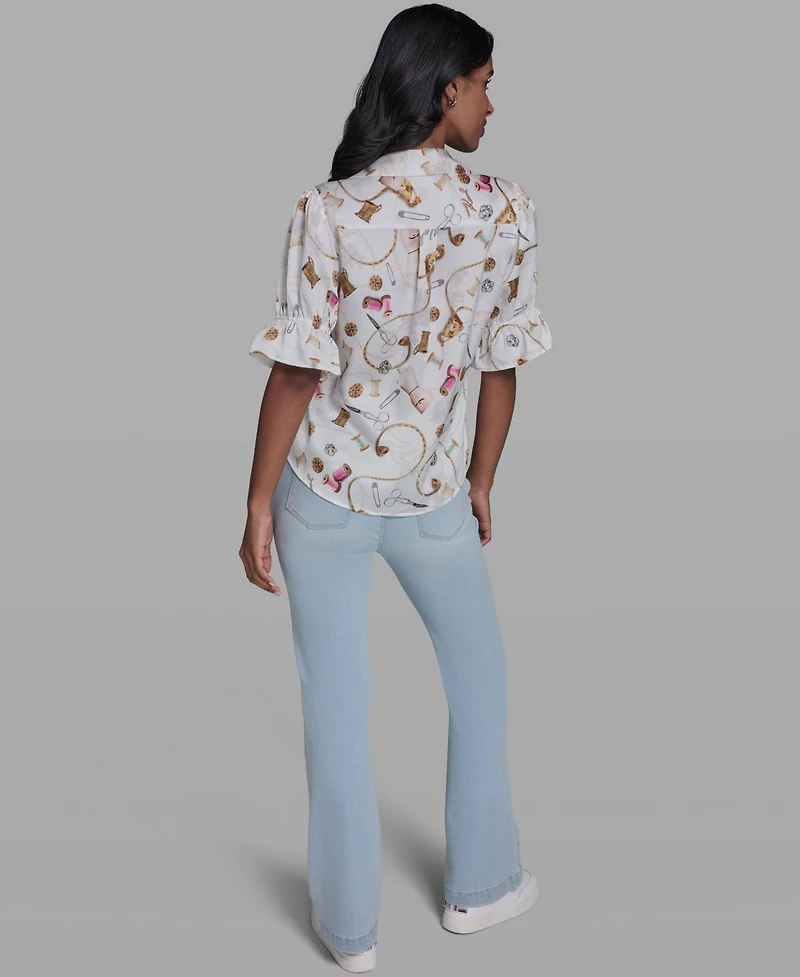 Karl Lagerfeld Paris Women's All-Over Printed Button Front Blouse