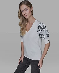 Karl Lagerfeld Paris Women's Floral Short-Sleeve Sweater
