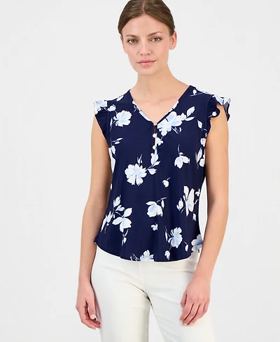 Anne Klein Essentials Petite Short-Sleeve V-Neck Button-Front Top