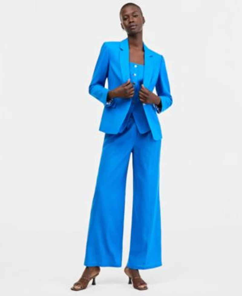 Tahari Asl Petite One Button Lapel Collar Blazer Sleeveless Square Neck Tank Top Mid Rise Wide Leg Pleated Trousers