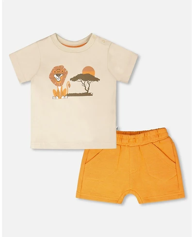 Deux par Deux Toddler Boys ganic Cotton T-Shirt and Short Set Beige and Orange