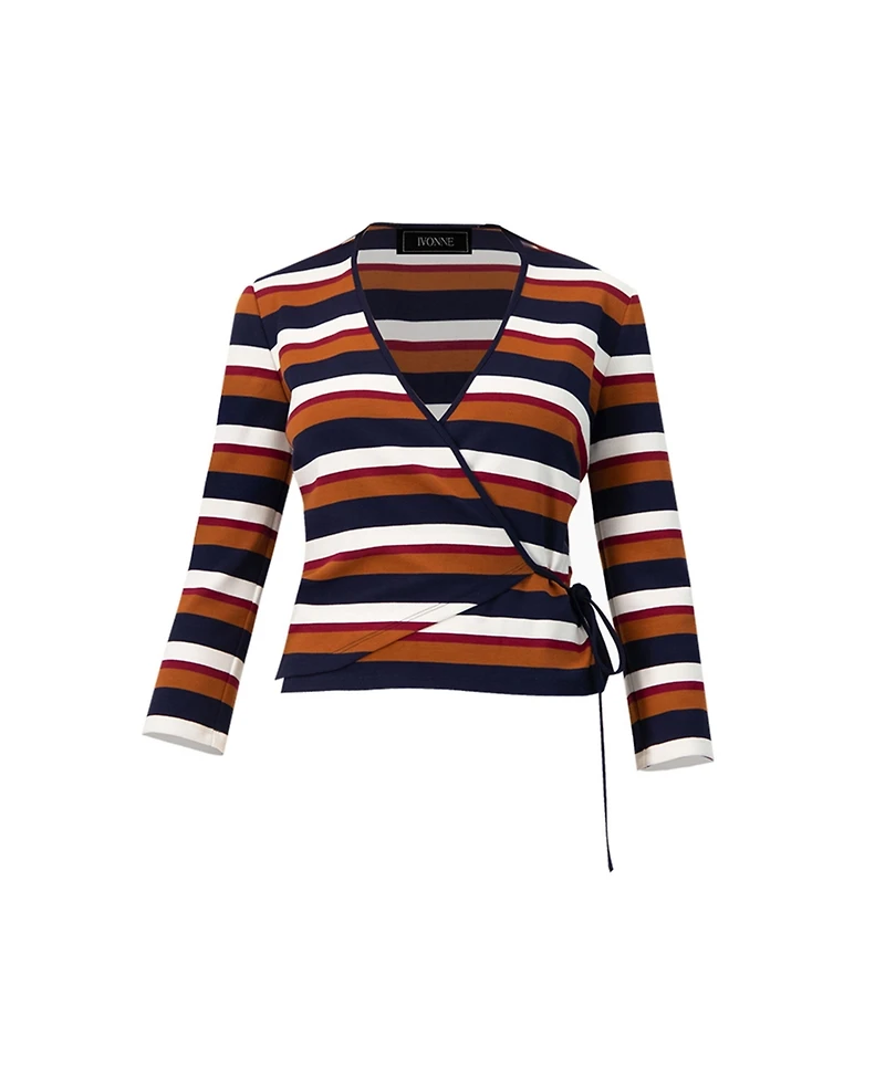 Ivonne Women's V-Neck Wrap Blouse with Color Block Stripes