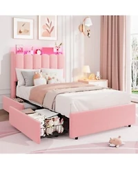 Gaomon Led Full Size Bed Frame With Storage Headboard Kids Bed Frame With 2 Drawers Boucle Upholstered Platform Bed For Girls