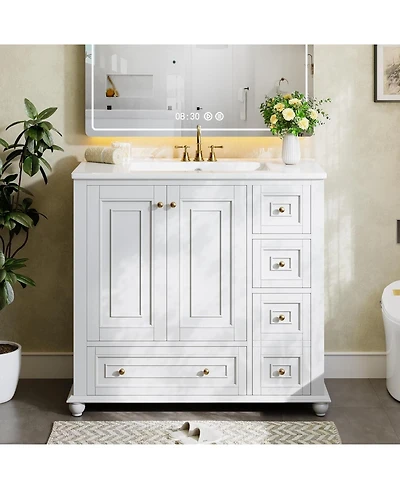 Tribesigns 36-Inch Bathroom Vanity with Ceramic Sink Combo, Freestanding Bathroom Storage Vanity Cabinet with 2 Doors & 4 Drawers And Undermount Sink