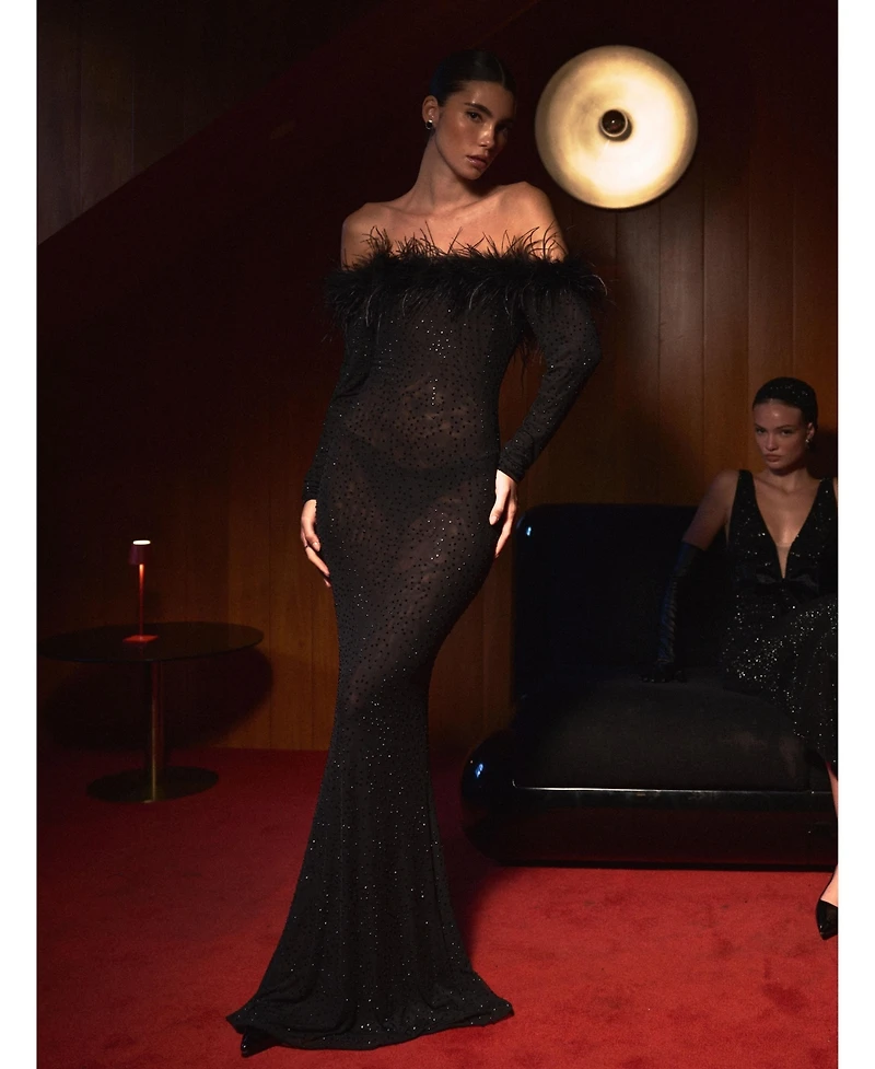 Miss Circle Women's Emberly Black Fur Trimmed Off-Shoulder Rhinestone Mermaid Maxi Dress