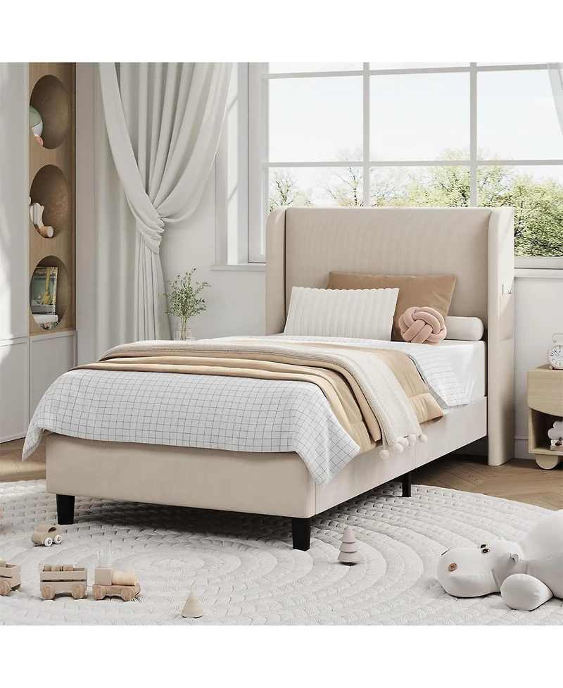 Gaomon Twin Bed Frame with Wingback Headboard, Vertical Stripe Velvet Upholstery, 2 Storage Pockets, Wood Slats