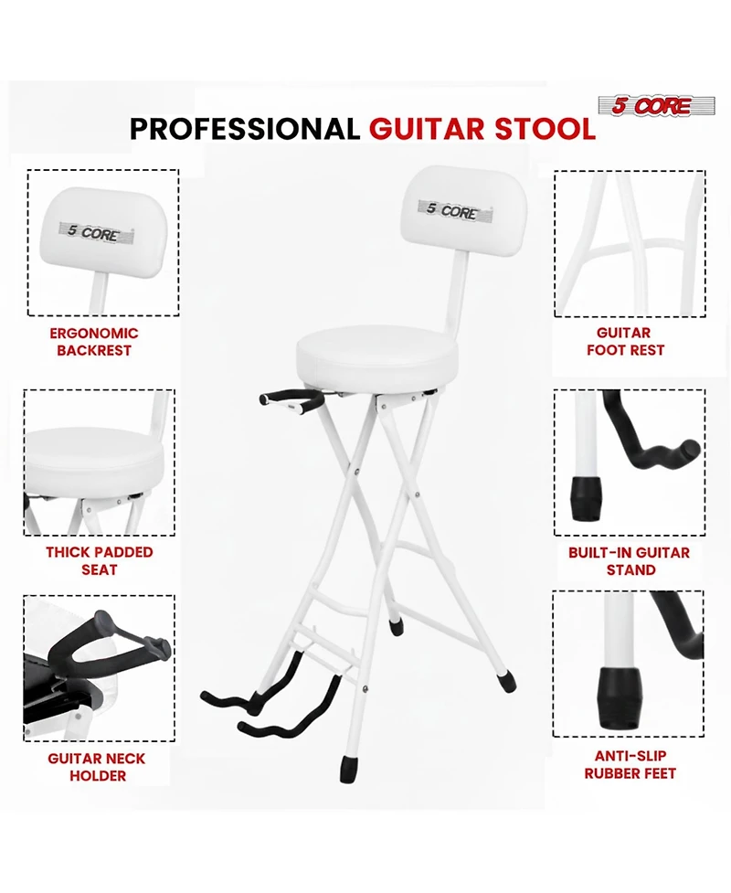 5 Core Guitar Stool 3.15" Padded Chair w Backrest Foldable Music Seat Built in Foot Rest Guitar Stand