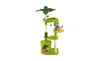 Aostirmotor Tropical-Themed Cat Tree with Self-Grooming Brush, 48-Inch Space-Saving Design with Scratching Posts, Green and Orange Leaves