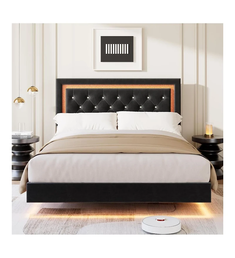 gaomon Floating Bed Frame Size with Smart Led Lights, Upholstered Platform Bed with Diamond Headboard, Solid Wood Slats Support, No Box Spring Needed