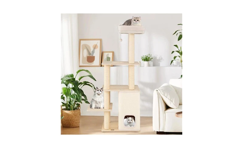 Aostirmotor Heavy-Duty Luxury Cat Tree, 63-Inch Tall Tower with 2-Story Bamboo Condo & 5 Sisal Posts, 44 lbs Per Level Capacity for Large Cats