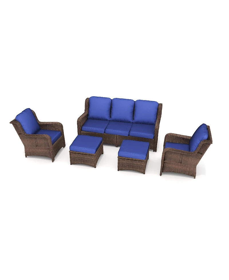 Flynama 5 Piece Rattan Outdoor Sectional Conversation Set 3 Seat Couch Single Chairs Ottomans Gray Navy for Lawn Garden Backyard