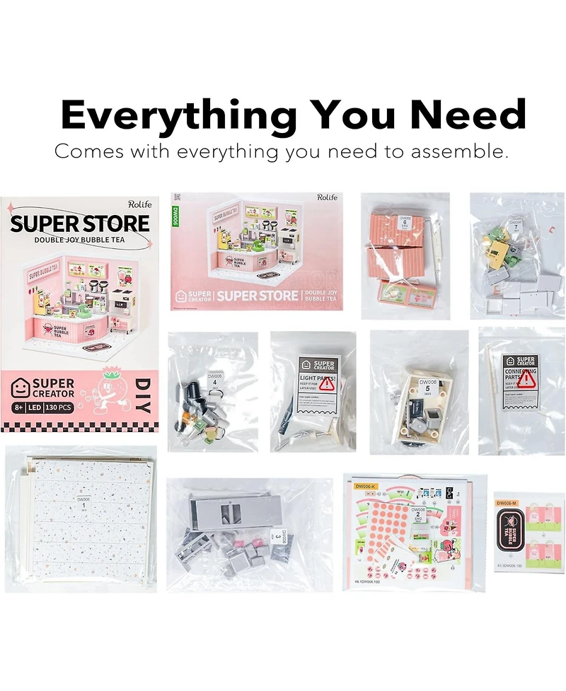 Robotime Led Building Blocks for Adults,1:24 Toy Building Sets,Model Building Kits Kids Ages 8-15 Diy Miniature Dollhouse Kits Double Joy Bubble Tea