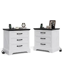 gaomon Modern Farmhouse Wood Nightstand Set of 2 with Charging Station & 3 Large Drawers