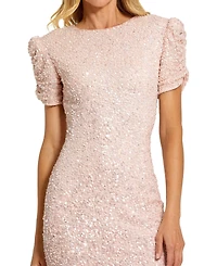 Mac Duggal Women's Petite Gathered Short Sleeve Beaded Gown