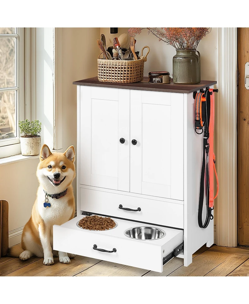 Cozito Dog Feeding Station Cabinet with Pull-Out Bowls, Double Doors, and Side Hooks, White