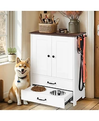 Cozito Dog Feeding Station Cabinet with Pull-Out Bowls, Double Doors, and Side Hooks, White