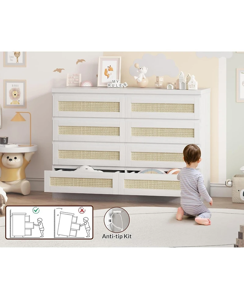 gaomon Rattan Dresser for Bedroom, Modern 8 Drawer Wooden Chest, Wide Wood Beside Table Closet, Nursery, Living Room and Entryway