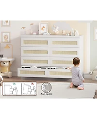 gaomon Rattan Dresser for Bedroom, Modern 8 Drawer Wooden Chest, Wide Wood Beside Table Closet, Nursery, Living Room and Entryway