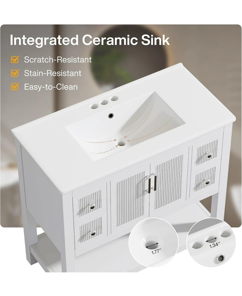 Tribesigns 36" Bathroom Vanity with Sink, Modern Freestanding Vanity with Ceramic Porcelain Basin, 2-Door Storage Cabinet & Open Shelf