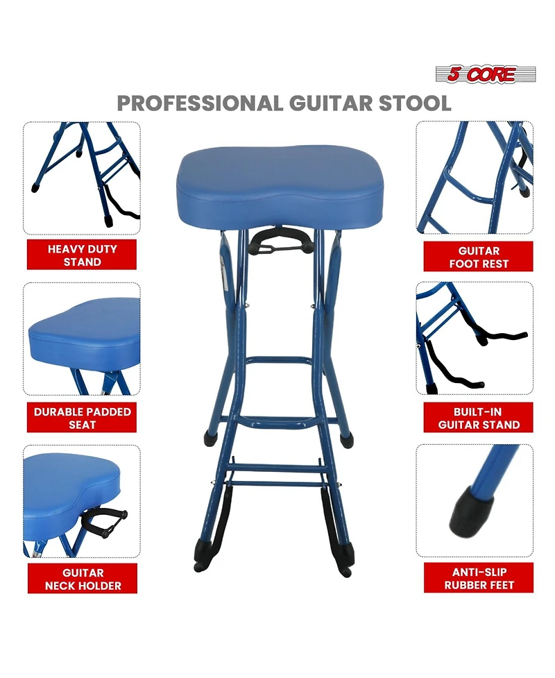 5 Core Guitar Stool 3.15" Padded Chair Foldable Heavy Duty Music Seat Built in Foot Rest Guitar Stand