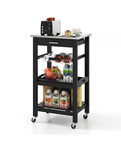 Volenca Kitchen Island Cart with Stainless Steel Top and Storage Basket, Rolling Trolley