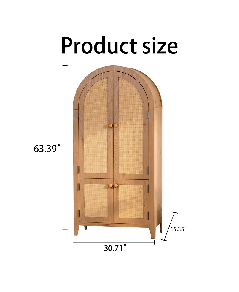 Boyel Living Arched Kitchen Pantry Cabinet, 63.39" Tall Arched Bookcase Rattan Storage Cabinet with Doors Adjustable Shelves