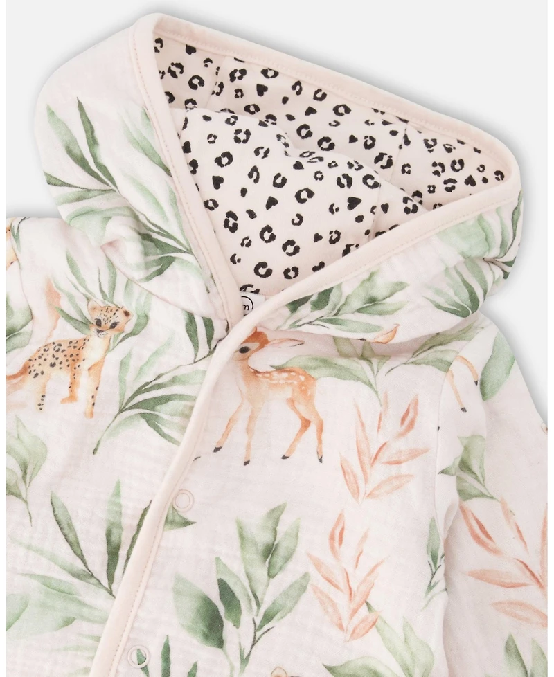 Deux par Baby Girls Muslin and Cotton Jersey Reversible Hooded Jacket Peach Deer/Leopard Print