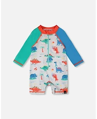 Deux par Deux Baby Boys One-Piece Long Sleeve Rashguard Grey Dinosaur Print