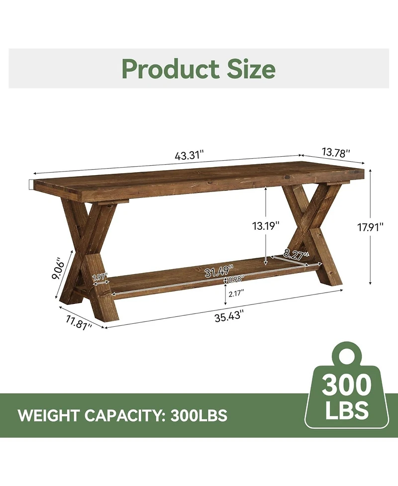 Tribesigns 43.3" Solid Wood Bench, Farmhouse Wooden Entryway Bench with Storage Shelf, X-Shaped Leg Design, Entry Way Shoe Benches Seat