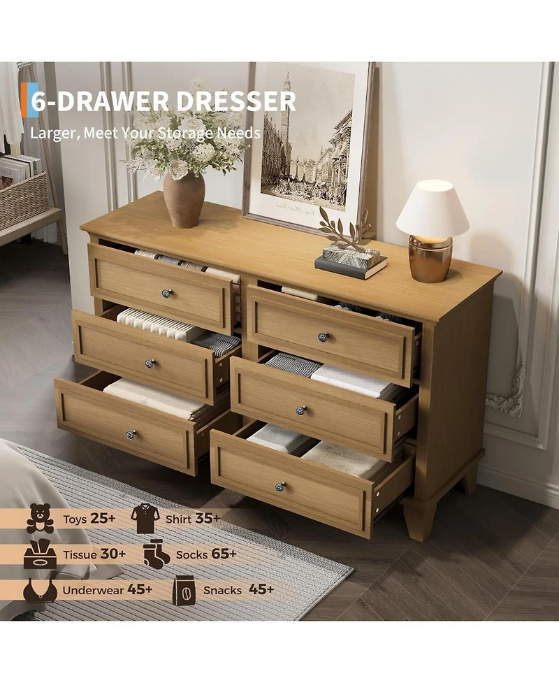gaomon Dresser for Bedroom, 6 Drawer Wide Storage Organizer, Modern Wooden Chest of Drawers with Metal Handles