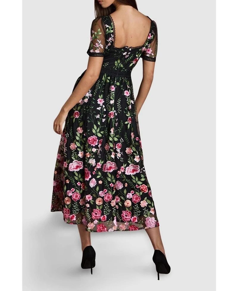 Coast Women's Lace Trim Embroidered Mesh Midi Dress