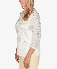 Alfred Dunner Women's Al Fresco Textured Floral Crew Neck Top