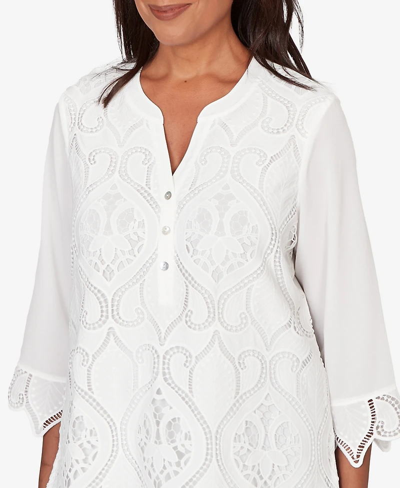 Alfred Dunner Women's Al Fresco Lace Cut Out Front Henley Top
