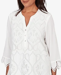 Alfred Dunner Women's Al Fresco Lace Cut Out Front Henley Top