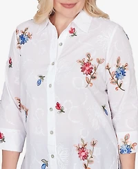 Alfred Dunner Women's The Royal Treatment Embroidered Flower Collared Button Front Top