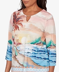 Alfred Dunner Women's Beachcomber Sunset Beach Scenic Split Neck Top
