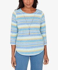Alfred Dunner Women's Beachcomber Coastal Striped Top with Necklace